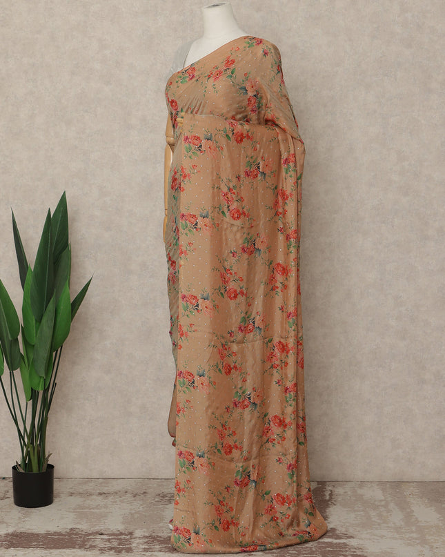 Peach Beige Floral Premium Pure Silk Chiffon Saree 5.5 Meters x 110 Cms Width with Stone Work from South Korea Unstitched Blouse Not Included-D28168