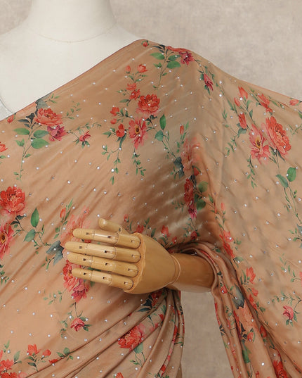 Peach Beige Floral Premium Pure Silk Chiffon Saree 5.5 Meters x 110 Cms Width with Stone Work from South Korea Unstitched Blouse Not Included-D28168