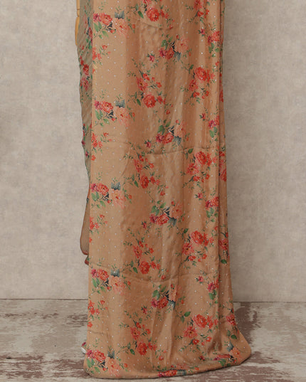 Peach Beige Floral Premium Pure Silk Chiffon Saree 5.5 Meters x 110 Cms Width with Stone Work from South Korea Unstitched Blouse Not Included-D28168