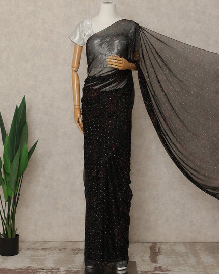 Jet Black Premium Pure Silk Chiffon Saree 5.5 Meters x 110 Cms Width with Stone Work from South Korea Unstitched Blouse Not Included-D28169