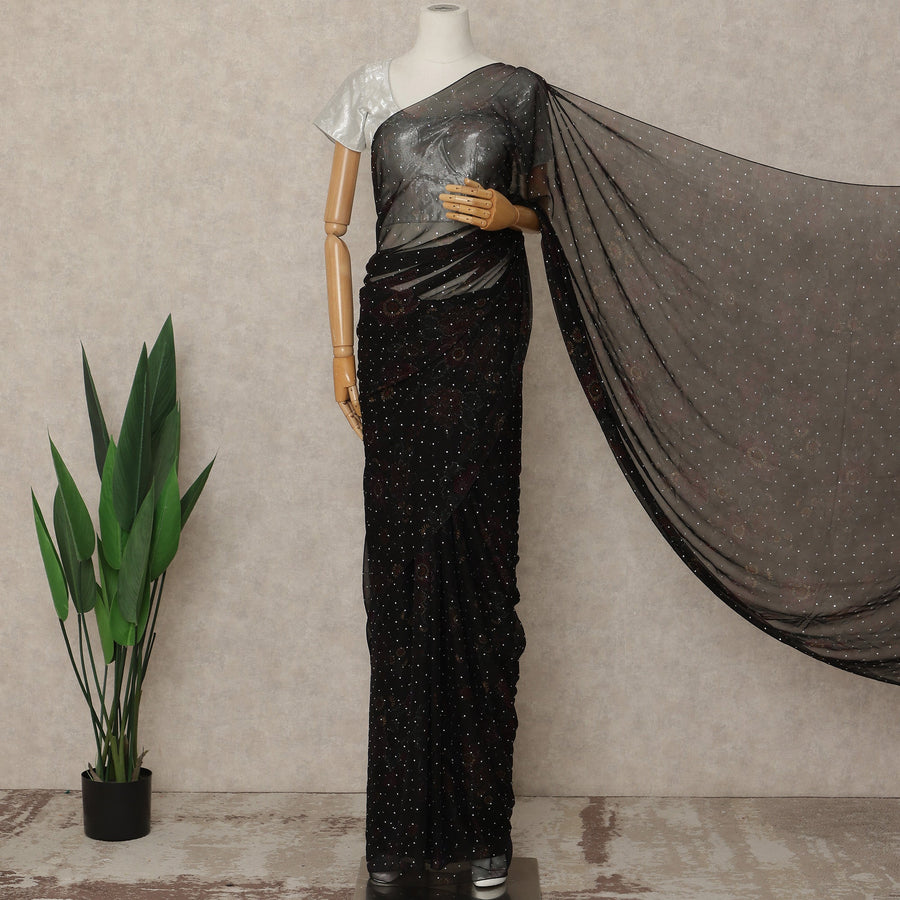 Jet Black Premium Pure Silk Chiffon Saree 5.5 Meters x 110 Cms Width with Stone Work from South Korea Unstitched Blouse Not Included-D28169