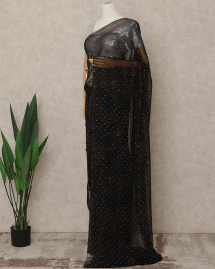 Jet Black Premium Pure Silk Chiffon Saree 5.5 Meters x 110 Cms Width with Stone Work from South Korea Unstitched Blouse Not Included-D28169