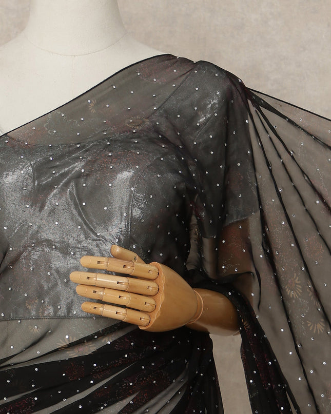 Jet Black Premium Pure Silk Chiffon Saree 5.5 Meters x 110 Cms Width with Stone Work from South Korea Unstitched Blouse Not Included-D28169