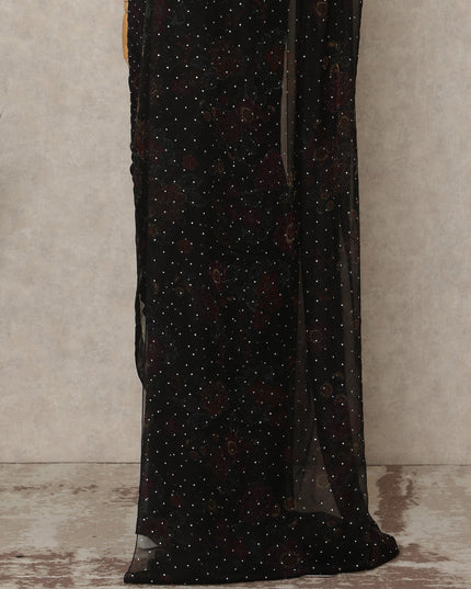 Jet Black Premium Pure Silk Chiffon Saree 5.5 Meters x 110 Cms Width with Stone Work from South Korea Unstitched Blouse Not Included-D28169