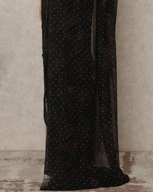 Jet Black Premium Pure Silk Chiffon Saree 5.5 Meters x 110 Cms Width with Stone Work from South Korea Unstitched Blouse Not Included-D28169