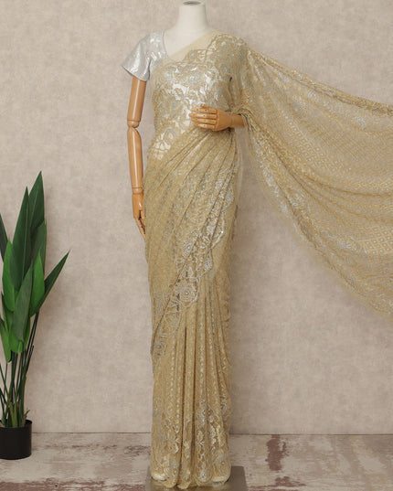 Antique Gold Premium French Metallic Chantilly Saree Lace With Stone Work 5.5 Meters x 110 Cms Width Elegant Embellished Net Fabric From France Unstitched Blouse Not Included-D28145