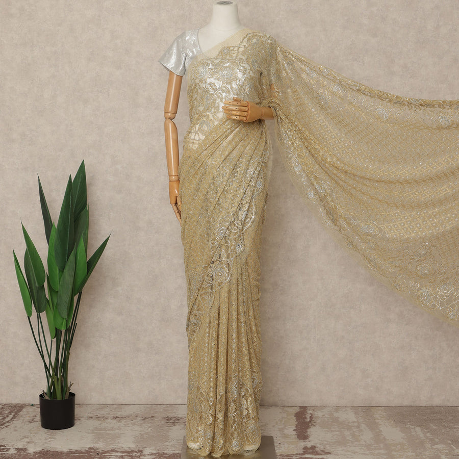 Antique Gold Premium French Metallic Chantilly Saree Lace With Stone Work 5.5 Meters x 110 Cms Width Elegant Embellished Net Fabric From France Unstitched Blouse Not Included-D28145