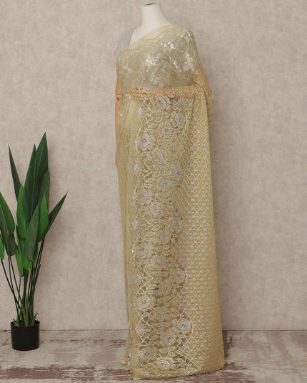 Antique Gold Premium French Metallic Chantilly Saree Lace With Stone Work 5.5 Meters x 110 Cms Width Elegant Embellished Net Fabric From France Unstitched Blouse Not Included-D28145