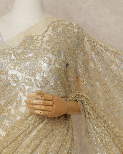 Antique Gold Premium French Metallic Chantilly Saree Lace With Stone Work 5.5 Meters x 110 Cms Width Elegant Embellished Net Fabric From France Unstitched Blouse Not Included-D28145