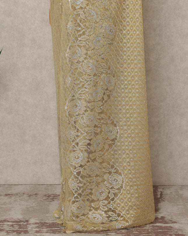 Antique Gold Premium French Metallic Chantilly Saree Lace With Stone Work 5.5 Meters x 110 Cms Width Elegant Embellished Net Fabric From France Unstitched Blouse Not Included-D28145