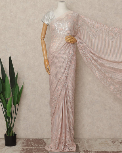 Blush Pink Metallic French Chantilly Saree Lace With Stone Work Elegant Floral Net Design 5.5 Mtrs Length 110 Cms Width Premium Soft Sheer Fabric France Origin-D28923 Regal Fabrics