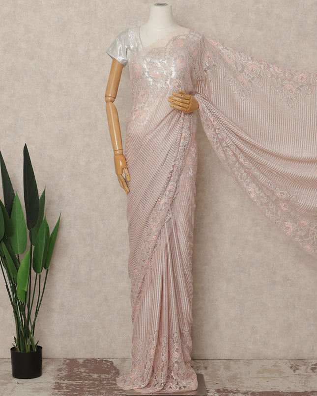 Blush Pink Metallic French Chantilly Saree Lace With Stone Work Elegant Floral Net Design 5.5 Mtrs Length 110 Cms Width Premium Soft Sheer Fabric France Origin-D28923 Regal Fabrics