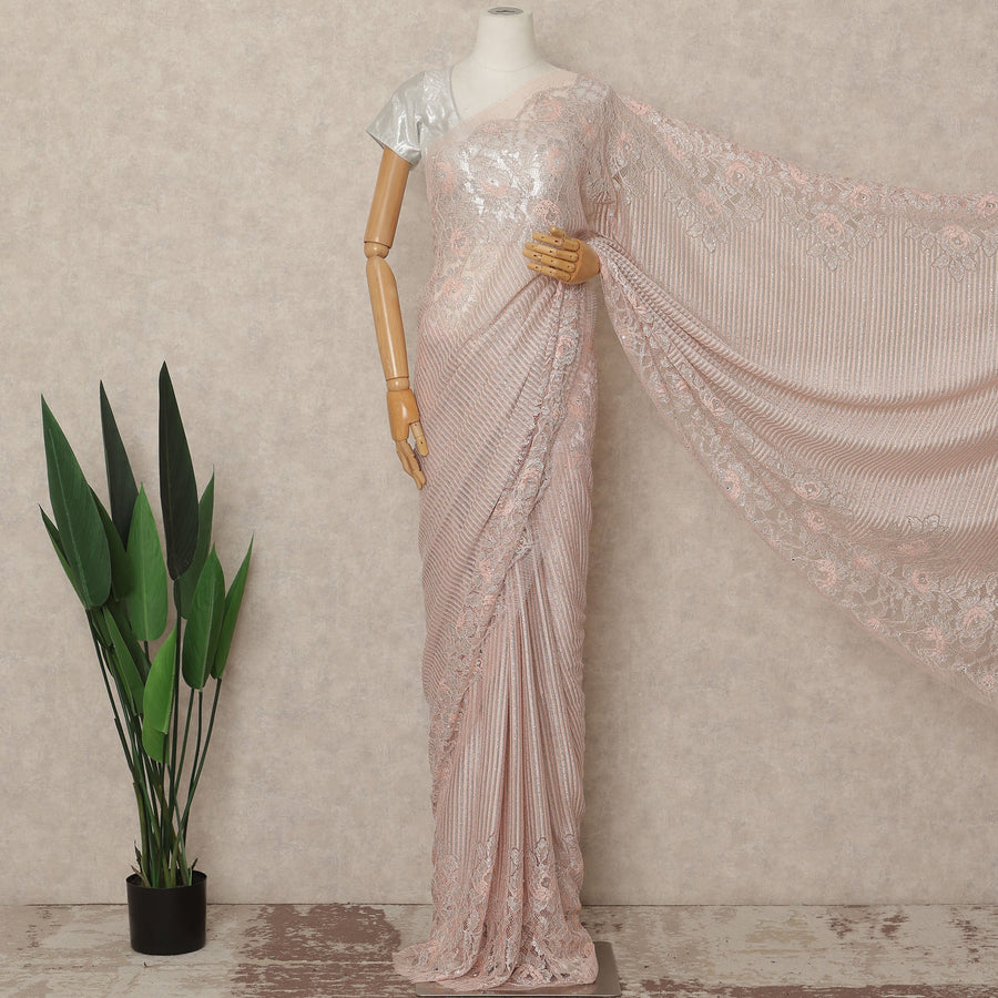 Blush Pink Metallic French Chantilly Saree Lace With Stone Work Elegant Floral Net Design 5.5 Mtrs Length 110 Cms Width Premium Soft Sheer Fabric France Origin-D28923 Regal Fabrics