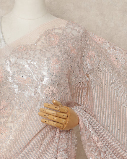 Blush Pink Metallic French Chantilly Saree Lace With Stone Work Elegant Floral Net Design 5.5 Mtrs Length 110 Cms Width Premium Soft Sheer Fabric France Origin-D28923 Regal Fabrics