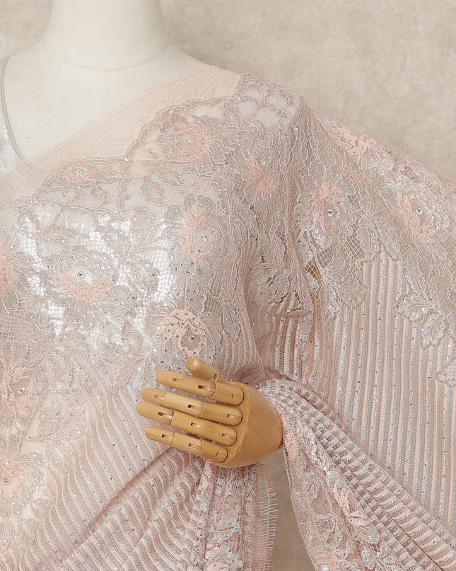 Blush Pink Metallic French Chantilly Saree Lace With Stone Work Elegant Floral Net Design 5.5 Mtrs Length 110 Cms Width Premium Soft Sheer Fabric France Origin-D28923 Regal Fabrics