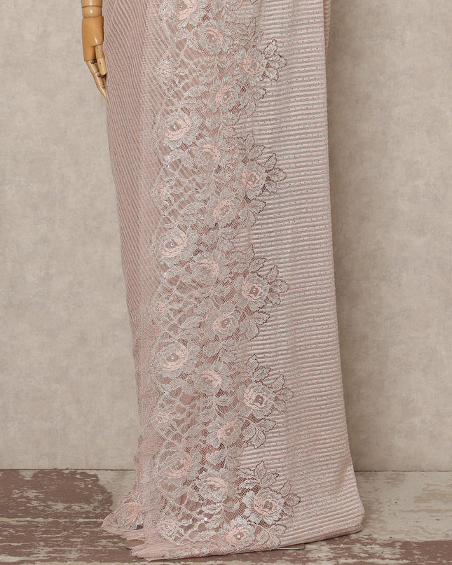 Blush Pink Metallic French Chantilly Saree Lace With Stone Work Elegant Floral Net Design 5.5 Mtrs Length 110 Cms Width Premium Soft Sheer Fabric France Origin-D28923 Regal Fabrics