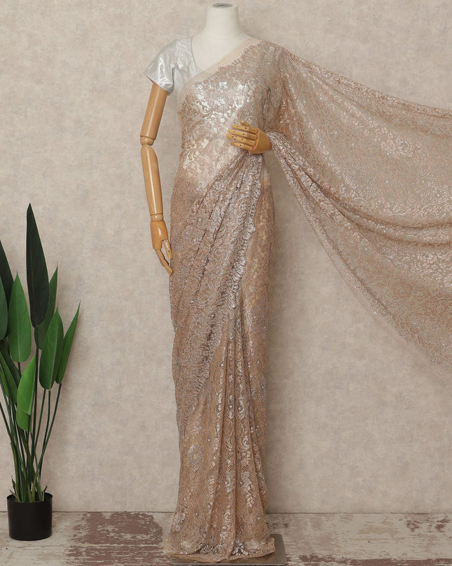 Light Pink Metallic French Chantilly Saree Lace With Stone Work Elegant Floral Net Design 5.5 Mtrs Length 110 Cms Width Premium Soft Sheer Fabric France Origin-D28927 Regal Fabrics