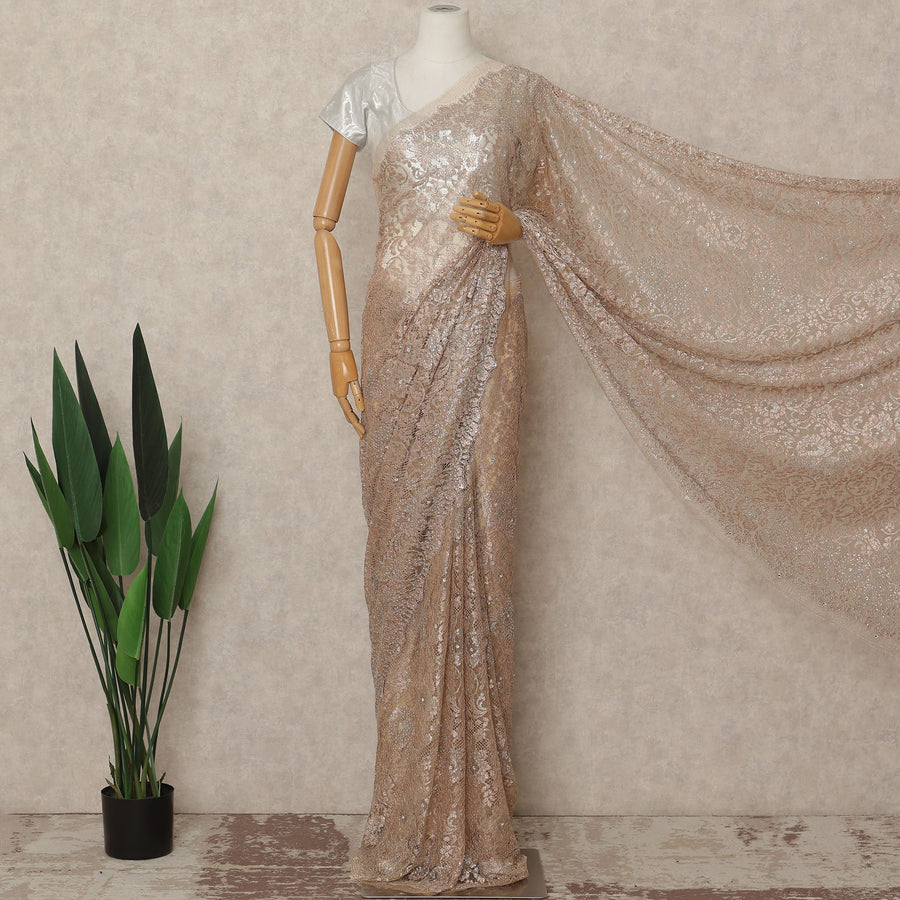 Light Pink Metallic French Chantilly Saree Lace With Stone Work Elegant Floral Net Design 5.5 Mtrs Length 110 Cms Width Premium Soft Sheer Fabric France Origin-D28927 Regal Fabrics