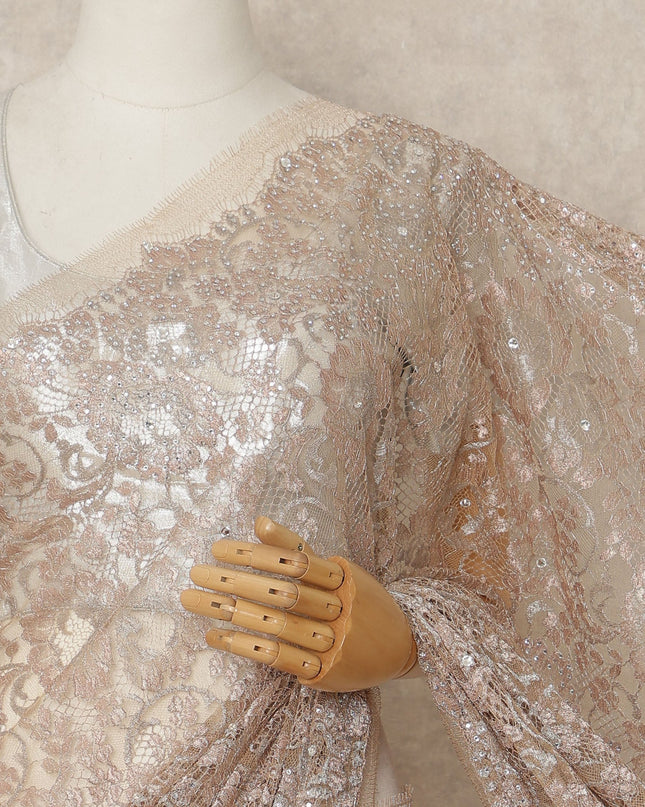 Light Pink Metallic French Chantilly Saree Lace With Stone Work Elegant Floral Net Design 5.5 Mtrs Length 110 Cms Width Premium Soft Sheer Fabric France Origin-D28927 Regal Fabrics