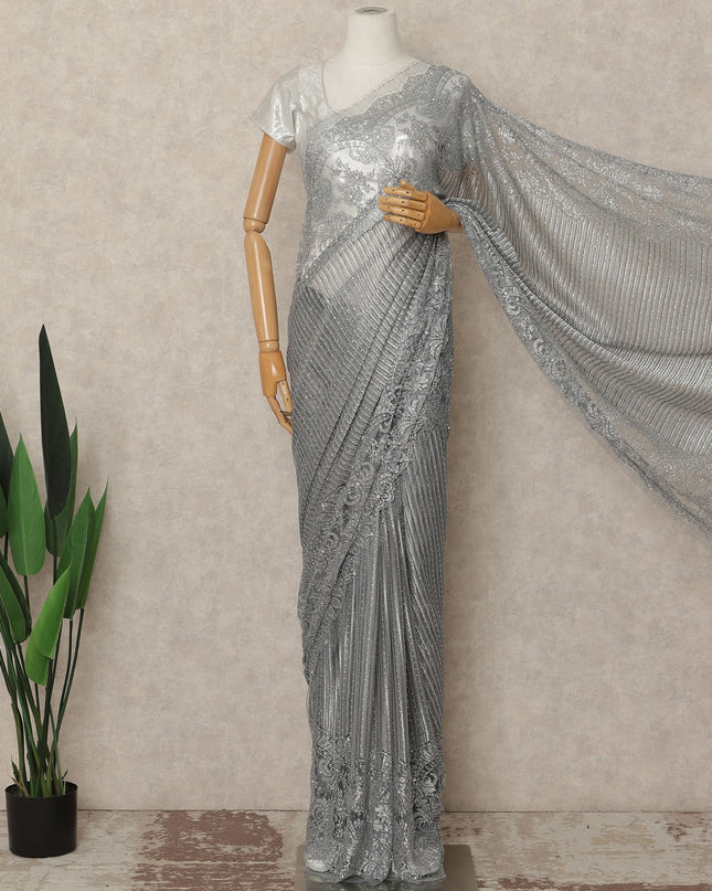 Silver Metallic French Chantilly Saree Lace With Stone Work Elegant Floral Net Design 5.5 Mtrs Length 110 Cms Width Premium Soft Sheer Fabric France Origin-D28921 Regal Fabrics