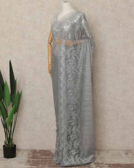 Silver Metallic French Chantilly Saree Lace With Stone Work Elegant Floral Net Design 5.5 Mtrs Length 110 Cms Width Premium Soft Sheer Fabric France Origin-D28921 Regal Fabrics