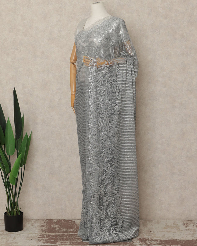 Silver Metallic French Chantilly Saree Lace With Stone Work Elegant Floral Net Design 5.5 Mtrs Length 110 Cms Width Premium Soft Sheer Fabric France Origin-D28921 Regal Fabrics