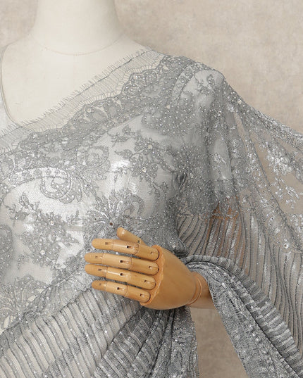 Silver Metallic French Chantilly Saree Lace With Stone Work Elegant Floral Net Design 5.5 Mtrs Length 110 Cms Width Premium Soft Sheer Fabric France Origin-D28921 Regal Fabrics