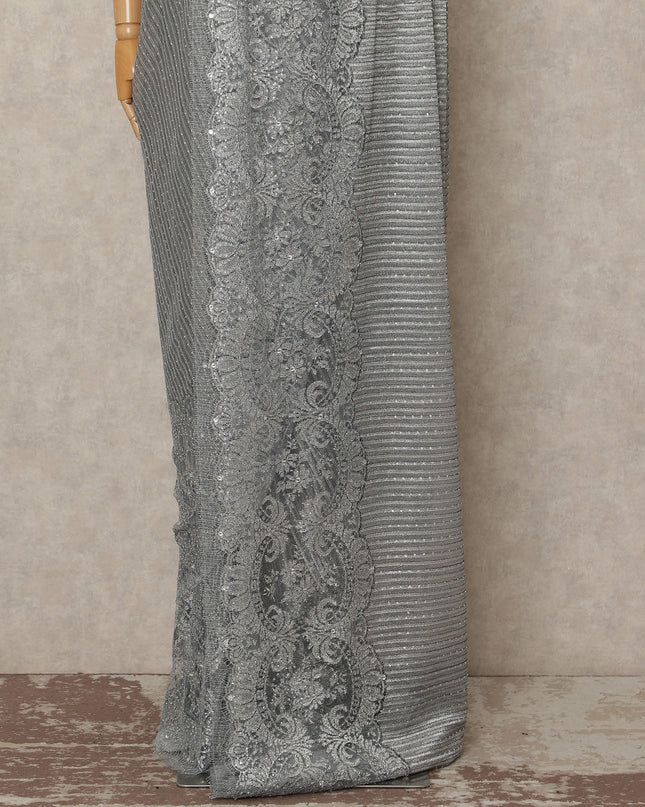 Silver Metallic French Chantilly Saree Lace With Stone Work Elegant Floral Net Design 5.5 Mtrs Length 110 Cms Width Premium Soft Sheer Fabric France Origin-D28921 Regal Fabrics