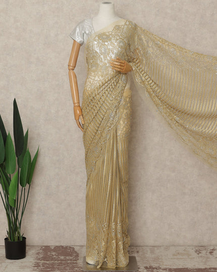 Gold Metallic French Chantilly Saree Lace With Stone Work Elegant Floral Net Design 5.5 Mtrs Length 110 Cms Width Premium Soft Sheer Fabric France Origin-D28922 Regal Fabrics