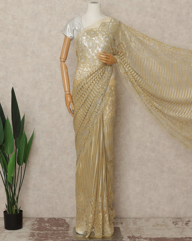 Gold Metallic French Chantilly Saree Lace With Stone Work Elegant Floral Net Design 5.5 Mtrs Length 110 Cms Width Premium Soft Sheer Fabric France Origin-D28922 Regal Fabrics