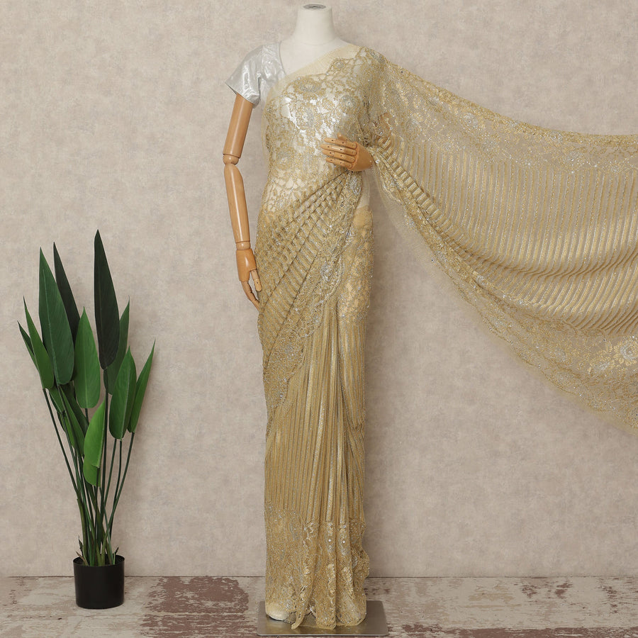 Gold Metallic French Chantilly Saree Lace With Stone Work Elegant Floral Net Design 5.5 Mtrs Length 110 Cms Width Premium Soft Sheer Fabric France Origin-D28922 Regal Fabrics