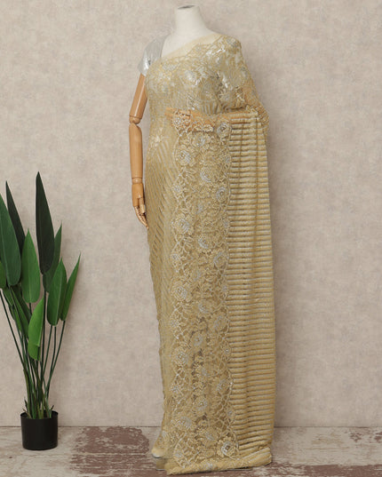 Gold Metallic French Chantilly Saree Lace With Stone Work Elegant Floral Net Design 5.5 Mtrs Length 110 Cms Width Premium Soft Sheer Fabric France Origin-D28922 Regal Fabrics
