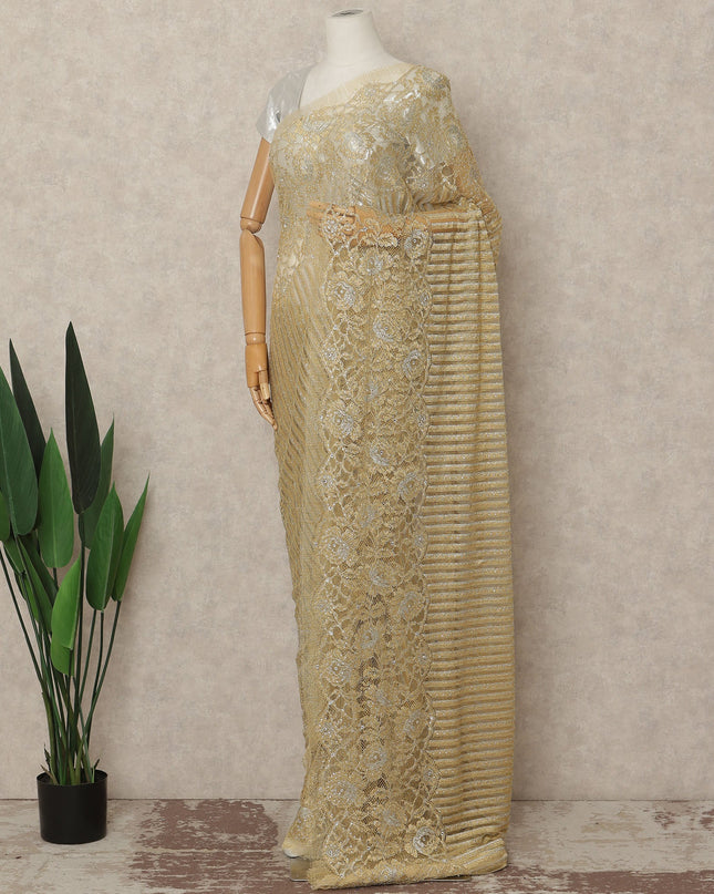 Gold Metallic French Chantilly Saree Lace With Stone Work Elegant Floral Net Design 5.5 Mtrs Length 110 Cms Width Premium Soft Sheer Fabric France Origin-D28922 Regal Fabrics