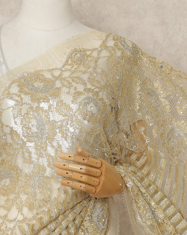 Gold Metallic French Chantilly Saree Lace With Stone Work Elegant Floral Net Design 5.5 Mtrs Length 110 Cms Width Premium Soft Sheer Fabric France Origin-D28922 Regal Fabrics