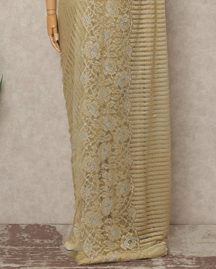 Gold Metallic French Chantilly Saree Lace With Stone Work Elegant Floral Net Design 5.5 Mtrs Length 110 Cms Width Premium Soft Sheer Fabric France Origin-D28922 Regal Fabrics