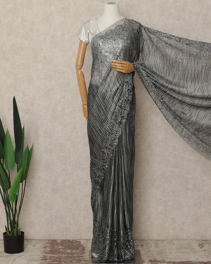 Charcoal Black Metallic French Chantilly Saree Lace With Stone Work Elegant Floral Net Design 5.5 Mtrs Length 110 Cms Width Premium Soft Sheer Fabric France Origin-D28920 Regal Fabrics