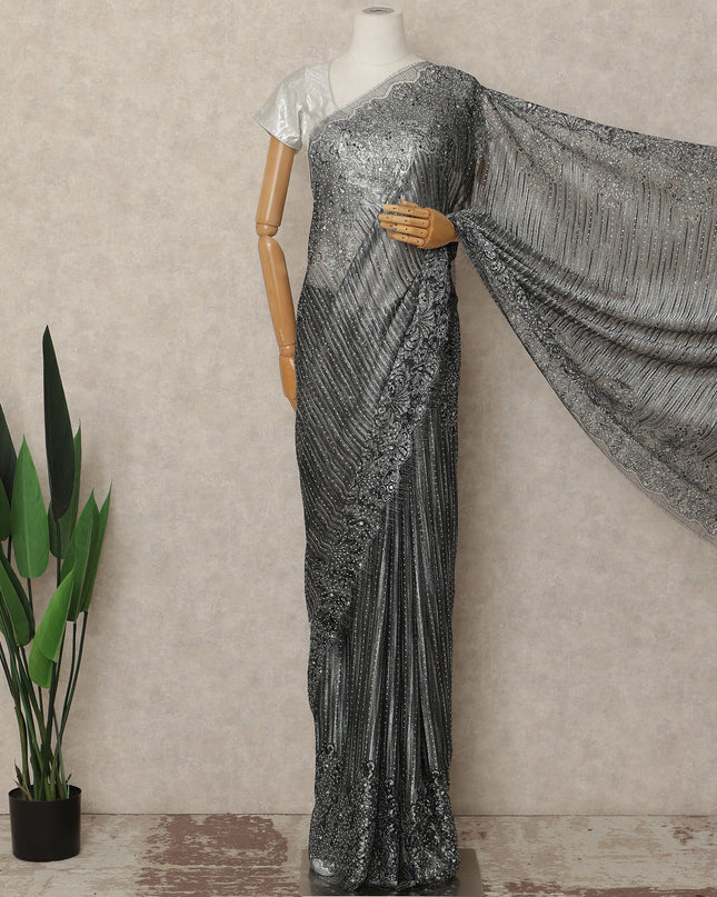 Charcoal Black Metallic French Chantilly Saree Lace With Stone Work Elegant Floral Net Design 5.5 Mtrs Length 110 Cms Width Premium Soft Sheer Fabric France Origin-D28920 Regal Fabrics