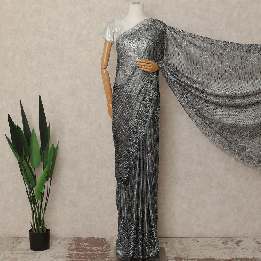 Charcoal Black Metallic French Chantilly Saree Lace With Stone Work Elegant Floral Net Design 5.5 Mtrs Length 110 Cms Width Premium Soft Sheer Fabric France Origin-D28920 Regal Fabrics
