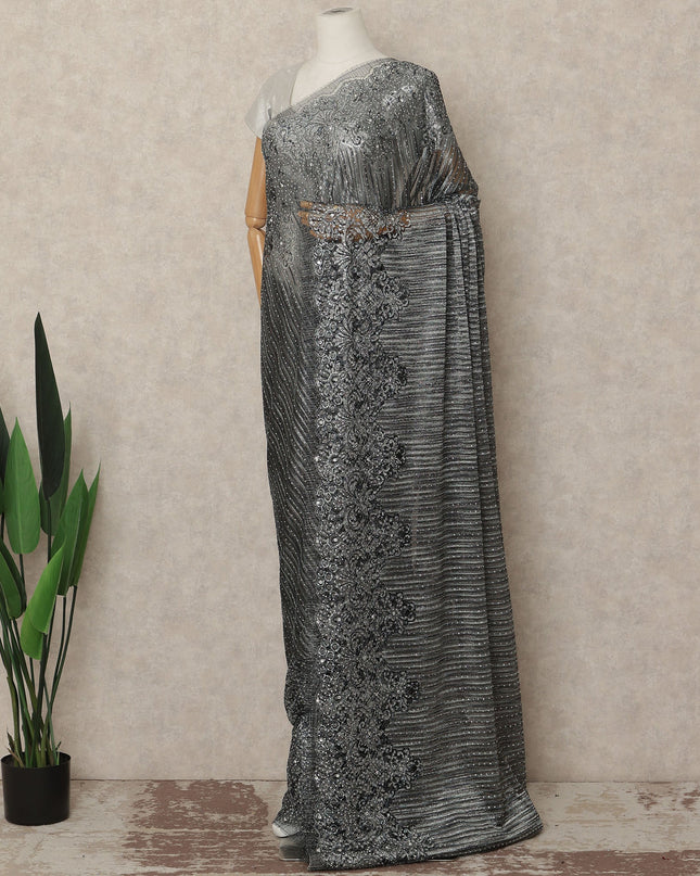 Charcoal Black Metallic French Chantilly Saree Lace With Stone Work Elegant Floral Net Design 5.5 Mtrs Length 110 Cms Width Premium Soft Sheer Fabric France Origin-D28920 Regal Fabrics