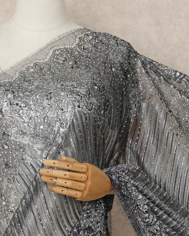 Charcoal Black Metallic French Chantilly Saree Lace With Stone Work Elegant Floral Net Design 5.5 Mtrs Length 110 Cms Width Premium Soft Sheer Fabric France Origin-D28920 Regal Fabrics