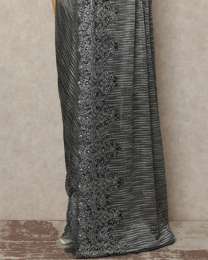 Charcoal Black Metallic French Chantilly Saree Lace With Stone Work Elegant Floral Net Design 5.5 Mtrs Length 110 Cms Width Premium Soft Sheer Fabric France Origin-D28920 Regal Fabrics