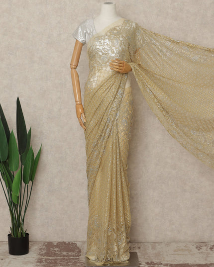 Golden Beige Metallic French Chantilly Saree Lace With Stone Work Elegant Floral Net Design 5.5 Mtrs Length 110 Cms Width Premium Soft Sheer Fabric France Origin-D28918 Regal Fabrics