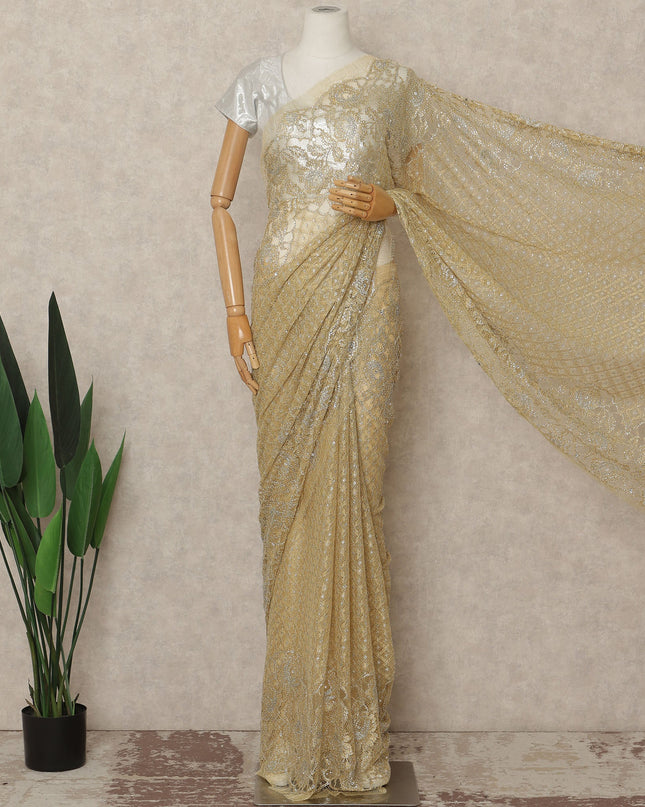 Golden Beige Metallic French Chantilly Saree Lace With Stone Work Elegant Floral Net Design 5.5 Mtrs Length 110 Cms Width Premium Soft Sheer Fabric France Origin-D28918 Regal Fabrics