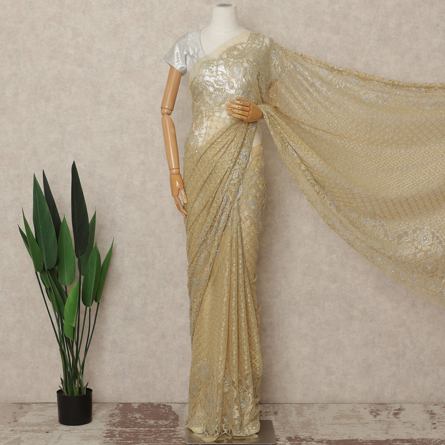 Golden Beige Metallic French Chantilly Saree Lace With Stone Work Elegant Floral Net Design 5.5 Mtrs Length 110 Cms Width Premium Soft Sheer Fabric France Origin-D28918 Regal Fabrics