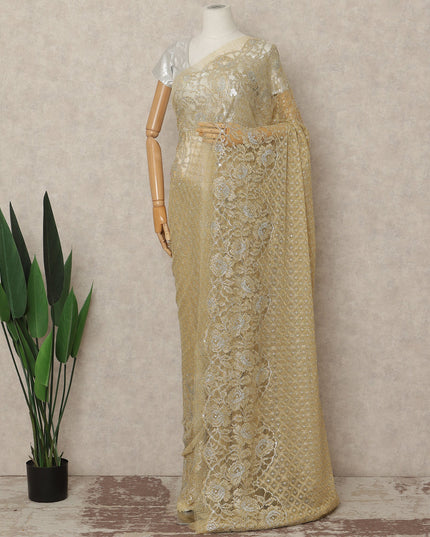 Golden Beige Metallic French Chantilly Saree Lace With Stone Work Elegant Floral Net Design 5.5 Mtrs Length 110 Cms Width Premium Soft Sheer Fabric France Origin-D28918 Regal Fabrics