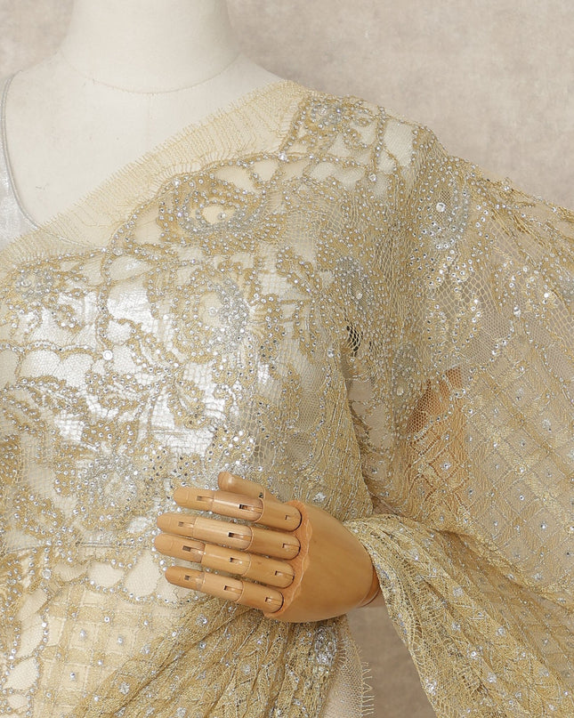 Golden Beige Metallic French Chantilly Saree Lace With Stone Work Elegant Floral Net Design 5.5 Mtrs Length 110 Cms Width Premium Soft Sheer Fabric France Origin-D28918 Regal Fabrics