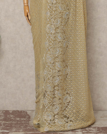 Golden Beige Metallic French Chantilly Saree Lace With Stone Work Elegant Floral Net Design 5.5 Mtrs Length 110 Cms Width Premium Soft Sheer Fabric France Origin-D28918 Regal Fabrics