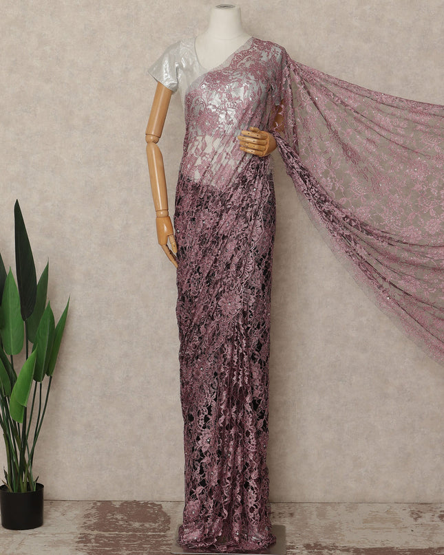 Dusty Rose Pink French Chantilly Saree Lace With Stone Work Elegant Floral Net Design 5.5 Mtrs Length 110 Cms Width Premium Soft Sheer Fabric France Origin-D28894 Regal Fabrics