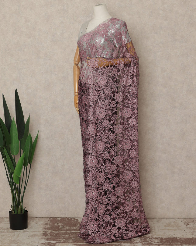 Dusty Rose Pink French Chantilly Saree Lace With Stone Work Elegant Floral Net Design 5.5 Mtrs Length 110 Cms Width Premium Soft Sheer Fabric France Origin-D28894 Regal Fabrics