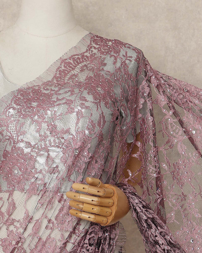 Dusty Rose Pink French Chantilly Saree Lace With Stone Work Elegant Floral Net Design 5.5 Mtrs Length 110 Cms Width Premium Soft Sheer Fabric France Origin-D28894 Regal Fabrics